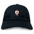 The EMB S&S Activewear West Potomac RFC Adult Low-Profile Cotton Twill Dad Cap is black and features an embroidered shield-shaped team logo with a star, rugby ball, and "1963" on the front.