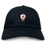 The EMB S&S Activewear West Potomac RFC Adult Low-Profile Cotton Twill Dad Cap is black and features an embroidered shield-shaped team logo with a star, rugby ball, and "1963" on the front.