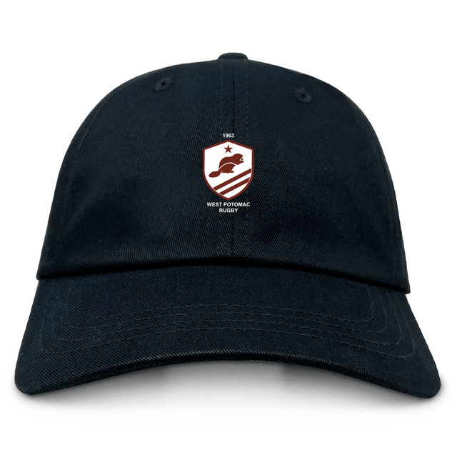 The EMB S&S Activewear West Potomac RFC Adult Low-Profile Cotton Twill Dad Cap is black and features an embroidered shield-shaped team logo with a star, rugby ball, and "1963" on the front.
