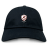 The EMB S&S Activewear West Potomac RFC Adult Low-Profile Cotton Twill Dad Cap is black and features an embroidered shield-shaped team logo with a star, rugby ball, and "1963" on the front.