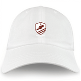 The EMB S&S Activewear West Potomac RFC Adult Low-Profile Cotton Twill Dad Cap features embroidered team branding—a maroon shield with beaver silhouette, a star above, and three diagonal lines below.