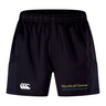 Mystical Geese Advantage Short 2.0 by EMB Canterbury—black performance training shorts featuring a white Canterbury logo on the left leg and "Mystical Geese Vancouver Golden Oldies 2027" in gold and green on the right leg, crafted with recycled materials for a sustainable edge.