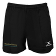 The Mystical Geese Kiwi Pro Short by Gilbert from EMB Gilbert features classic black athletic styling with "Mystical Geese Vancouver Golden Oldies 2027" in striking yellow and teal on the left leg and a crisp white "GILBERT" logo on the right leg—making these Gilbert rugby shorts perfect for any sports enthusiast.