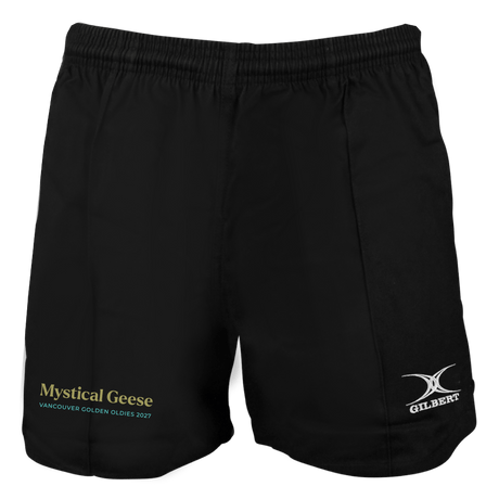 The Mystical Geese Kiwi Pro Short by Gilbert from EMB Gilbert features classic black athletic styling with "Mystical Geese Vancouver Golden Oldies 2027" in striking yellow and teal on the left leg and a crisp white "GILBERT" logo on the right leg—making these Gilbert rugby shorts perfect for any sports enthusiast.