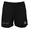 The Mystical Geese Kiwi Pro Short by Gilbert from EMB Gilbert features classic black athletic styling with "Mystical Geese Vancouver Golden Oldies 2027" in striking yellow and teal on the left leg and a crisp white "GILBERT" logo on the right leg—making these Gilbert rugby shorts perfect for any sports enthusiast.