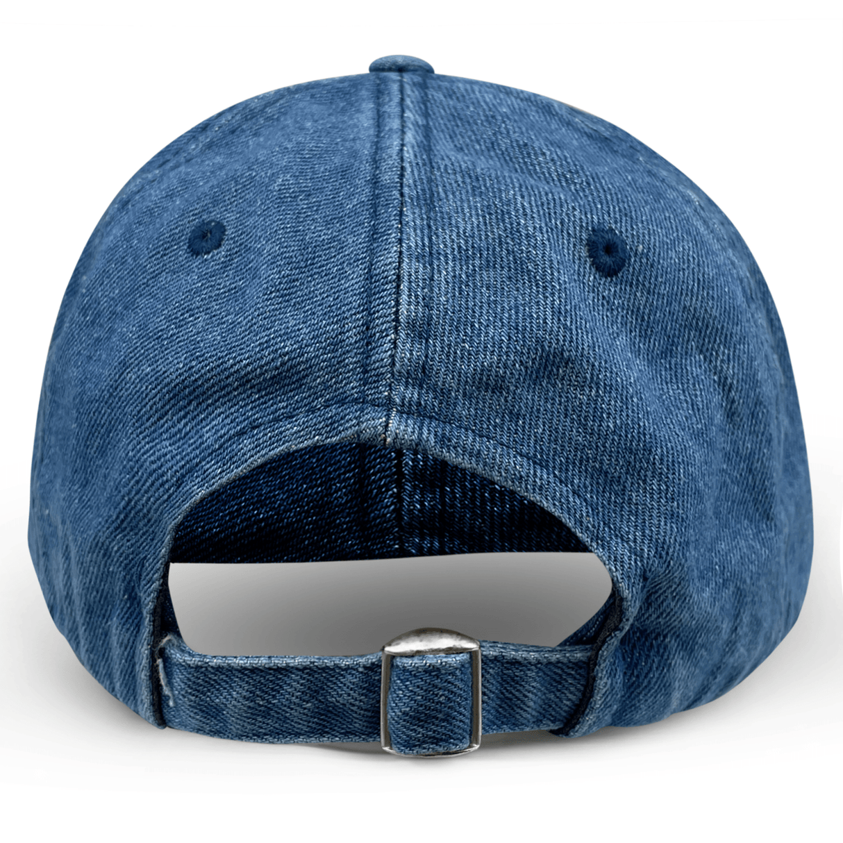 The Modish Rugger I Heart Rugby Moms Cap features a blue denim back view with an adjustable strap and metal buckle, providing a comfortable fit.