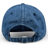 The Modish Rugger I Heart Rugby Moms Cap features a blue denim back view with an adjustable strap and metal buckle, providing a comfortable fit.