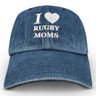 The Modish Rugger I Heart Rugby Moms Cap, by Modish Rugger, is a blue denim baseball hat with "I ♥ RUGBY MOMS" embroidered in white. Its comfortable fit makes it perfect for stylishly displaying your passion.
