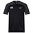 The Monarch Rugby Vapodri Evader Jersey by EMB Canterbury features black and dark gray colors, a yellow "Monarch Rugby" logo on the chest, white Canterbury branding, and moisture-wicking tech for comfort on and off the field.