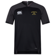The Monarch Rugby Vapodri Evader Jersey by EMB Canterbury features black and dark gray colors, a yellow "Monarch Rugby" logo on the chest, white Canterbury branding, and moisture-wicking tech for comfort on and off the field.