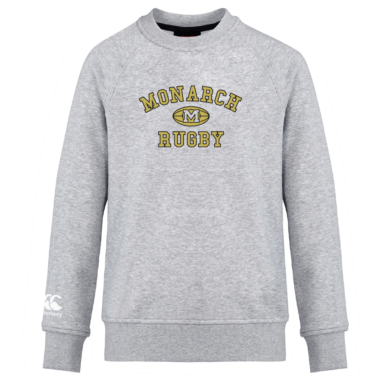 The Monarch Rugby Club Crew Sweatshirt by WRS Canterbury is an ultra-soft gray crew with "Monarch Rugby" and a yellow "M" on the chest, plus a Canterbury embroidered logo on the left sleeve.