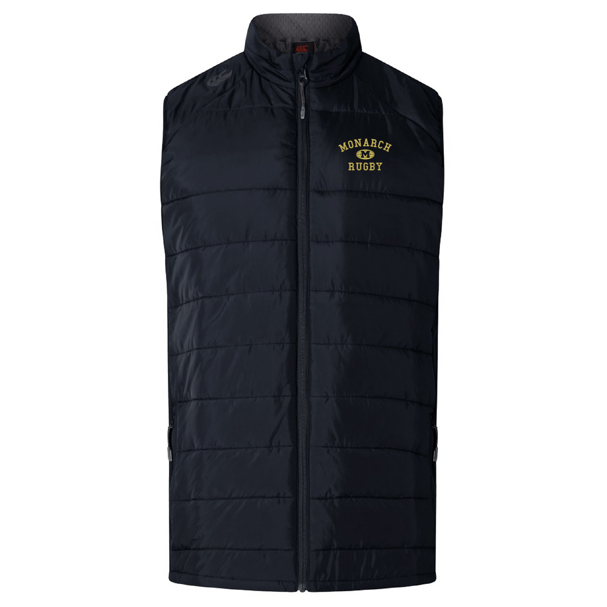 The Monarch Rugby Women's Elite Microlite Gilet by EMB Canterbury is a black, sleeveless gilet with insulated baffles, zip front, and "Monarch Rugby" plus a rugby ball logo in yellow on the left chest.