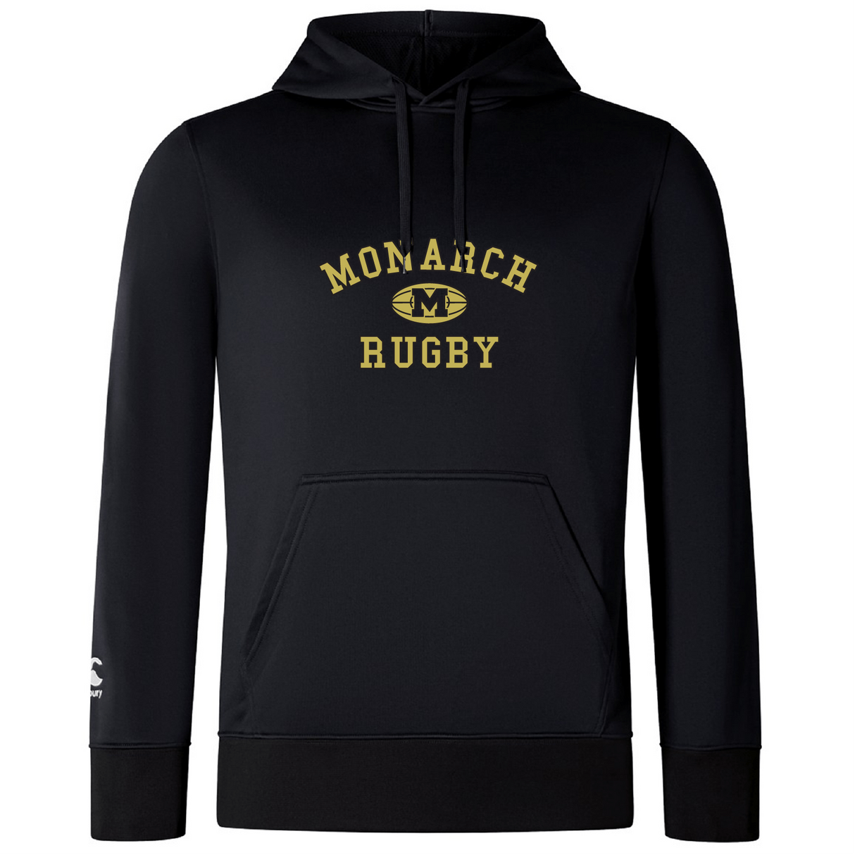 The Monarch Rugby Club Lightweight Hoodie by WRS Canterbury features "Monarch Rugby," a gold "M" logo, the Canterbury logo on the chest, a drawstring hood, and a spacious kangaroo pocket.