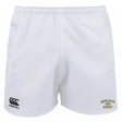 The Monarch Rugby Player's Drill Short by EMB Canterbury features the "Monarch Rugby" logo on the right leg and Canterbury logo on the left, designed with sustainable fabric for modern athletes, shown here against a white background.