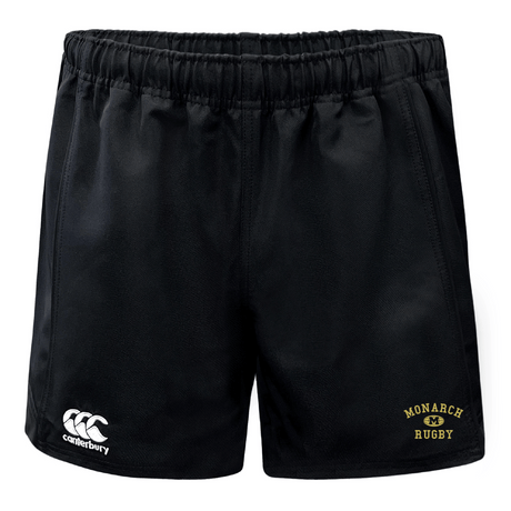 The Monarch Rugby Advantage Rugby Shorts by EMB Canterbury feature an elastic waistband, moisture-wicking fabric, a Canterbury logo on the left leg, and "Monarch Rugby" with a gold emblem on the right leg.