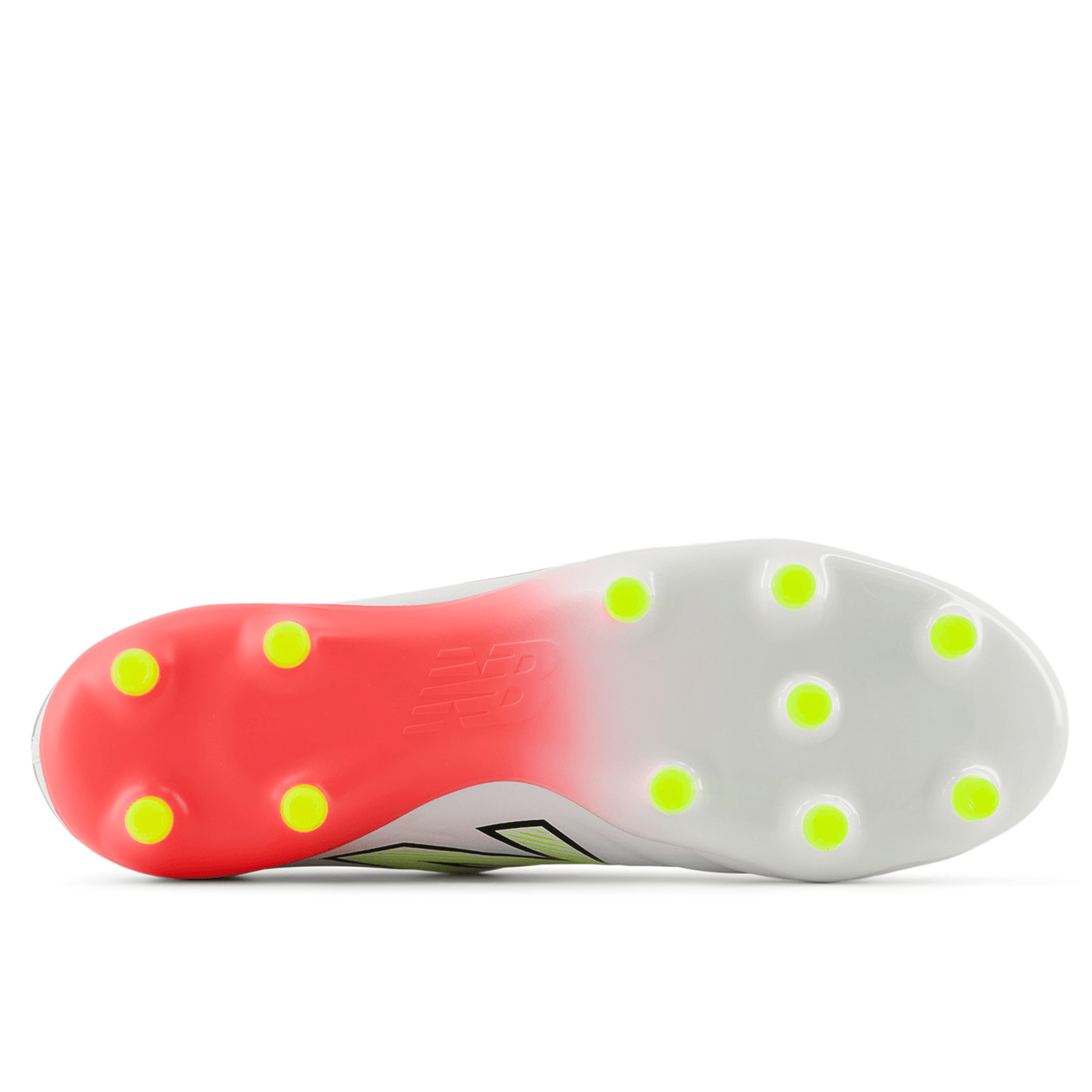 Bottom view of the New Balance 442 v2 Elite FG: a white firm ground soccer cleat with Hi-Lite neon yellow studs, an Energy Red heel, and lightweight microfiber construction.