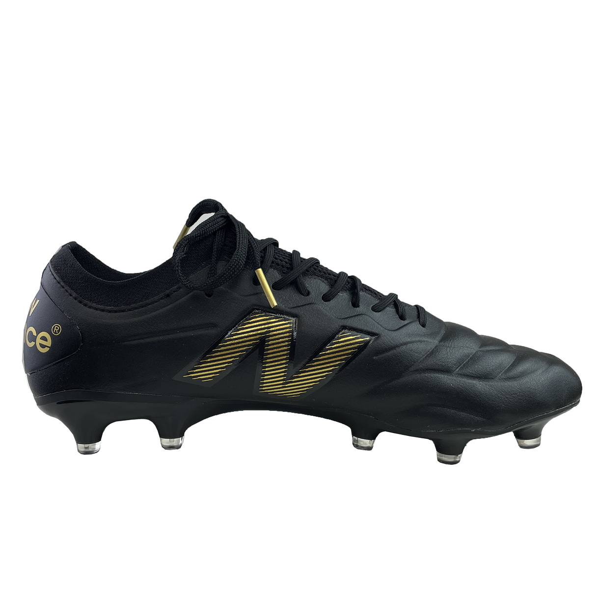 New Balance 442 v2 Elite FG Wide Boots in black with metallic gold accents feature a prominent side logo and metal studs for firm ground grip.