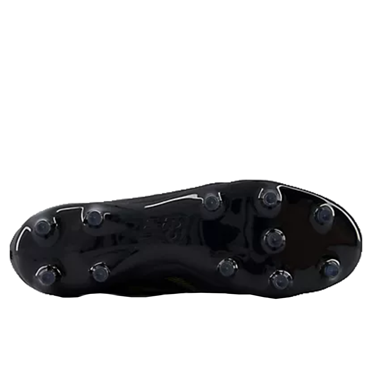 The New Balance 442 v2 Elite FG Wide Boots in Black/Metallic Gold feature a black sole with fourteen circular studs, engineered for optimal grip on firm ground.