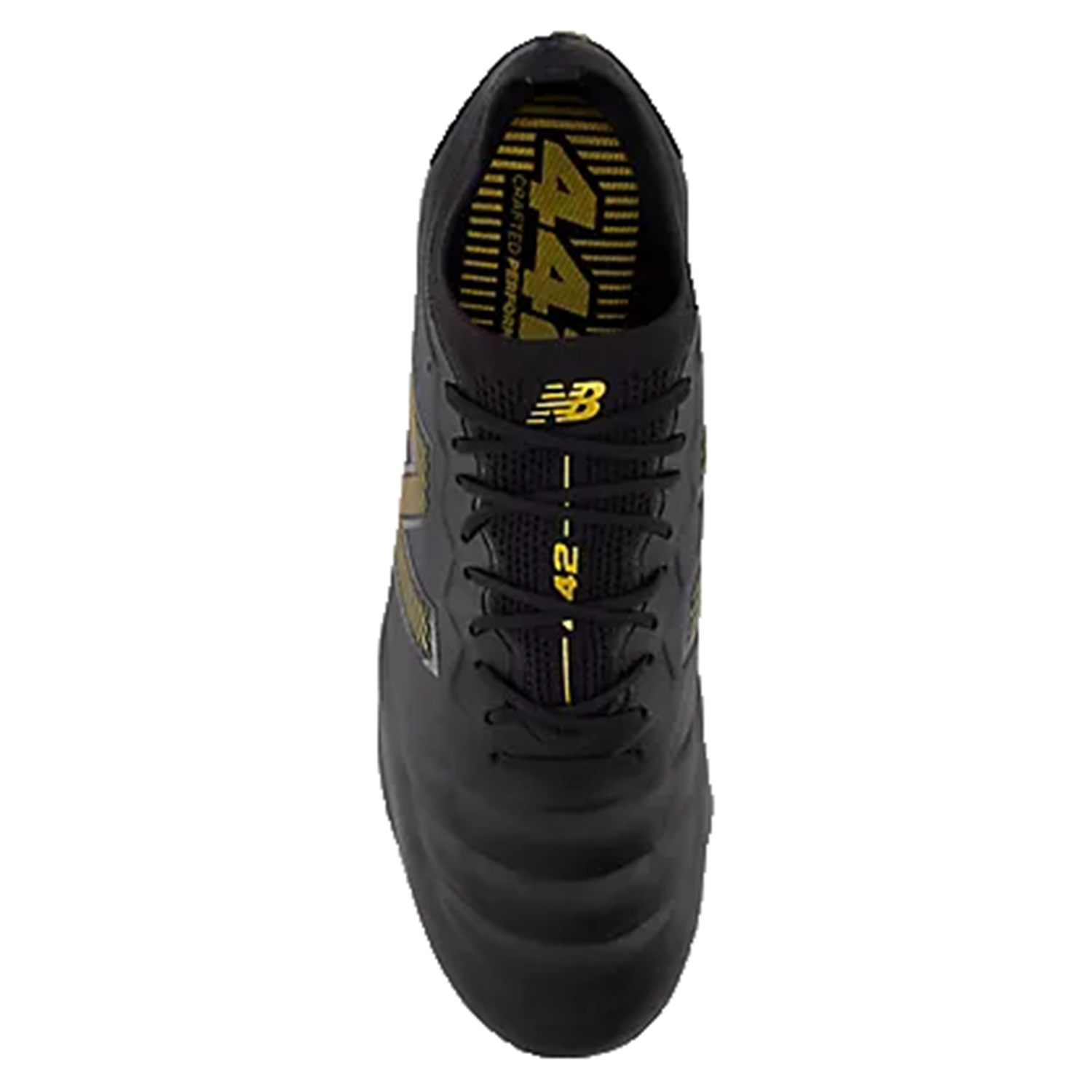 The New Balance 442 v2 Elite FG cleats in Black/Metallic Gold feature Elite FG technology and "442" branding on the tongue and side, crafted from lightweight microfiber with a lace-up design for agile field movements.
