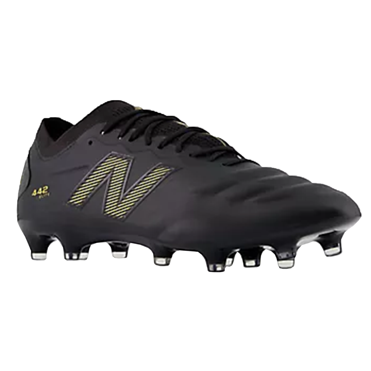 The New Balance 442 v2 Elite FG in Black/Metallic Gold features a black soccer cleat with yellow accents, crafted from lightweight microfiber, including laces and molded studs on the sole for traction.