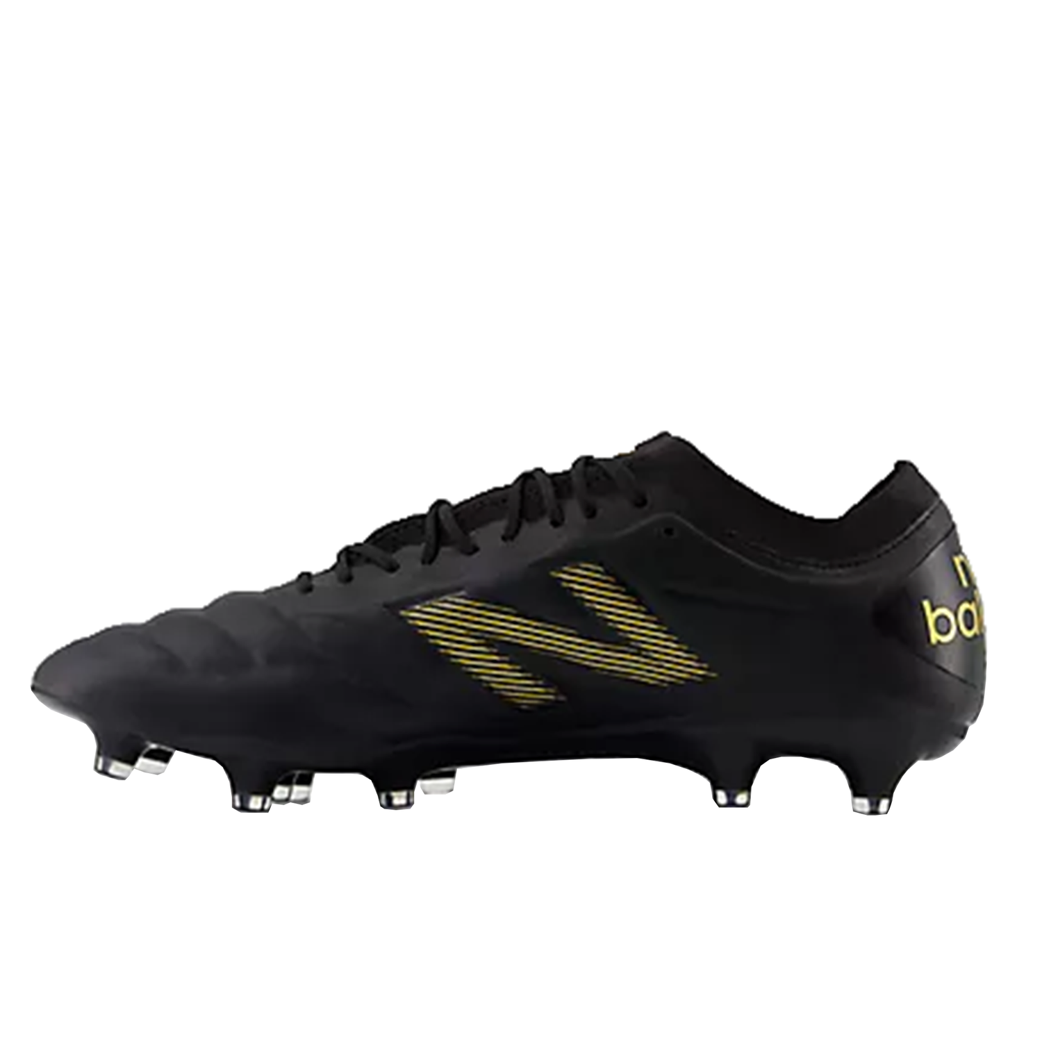 The New Balance 442 v2 Elite FG soccer cleat in Black/Metallic Gold is crafted from lightweight microfiber, featuring a side and back logo with metallic gold accents.