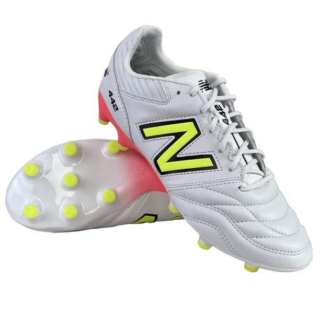A New Balance 442 v2 Pro FG Boot, featuring a white design with Energy Red and Hi-Lite accents and studs, is displayed from various angles.