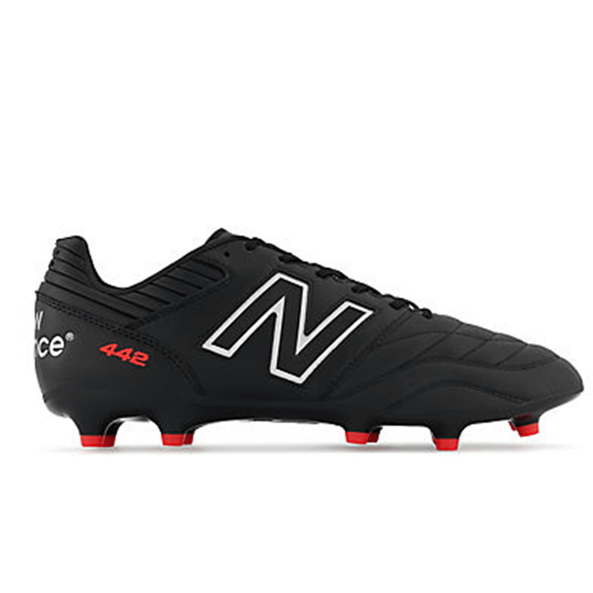 The New Balance 442 v2 Pro Synthetic FG - Black/Silver soccer cleat features prominent "New Balance" branding and "442" on the heel, with sleek black design and silver accents. Designed specifically for firm ground play, these cleats include a synthetic suede lining for enhanced comfort.