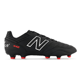 The New Balance 442 v2 Pro Synthetic FG - Black/Silver soccer cleat features prominent "New Balance" branding and "442" on the heel, with sleek black design and silver accents. Designed specifically for firm ground play, these cleats include a synthetic suede lining for enhanced comfort.