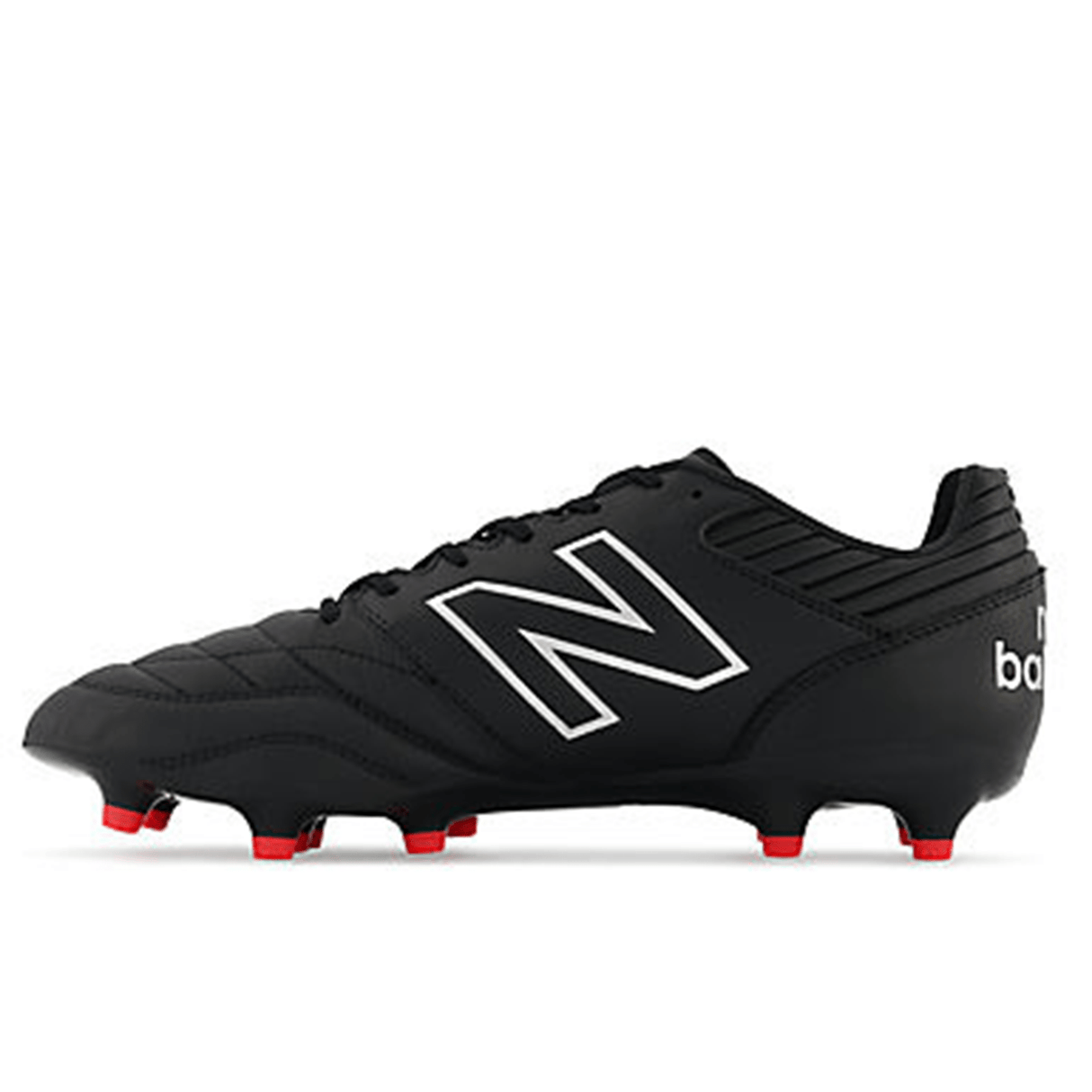 New Balance 442 v2 Pro Synthetic FG - Black/Silver soccer cleat featuring silver studs, a white logo on the side, and a synthetic suede lining for added comfort. Suitable for firm ground surfaces.