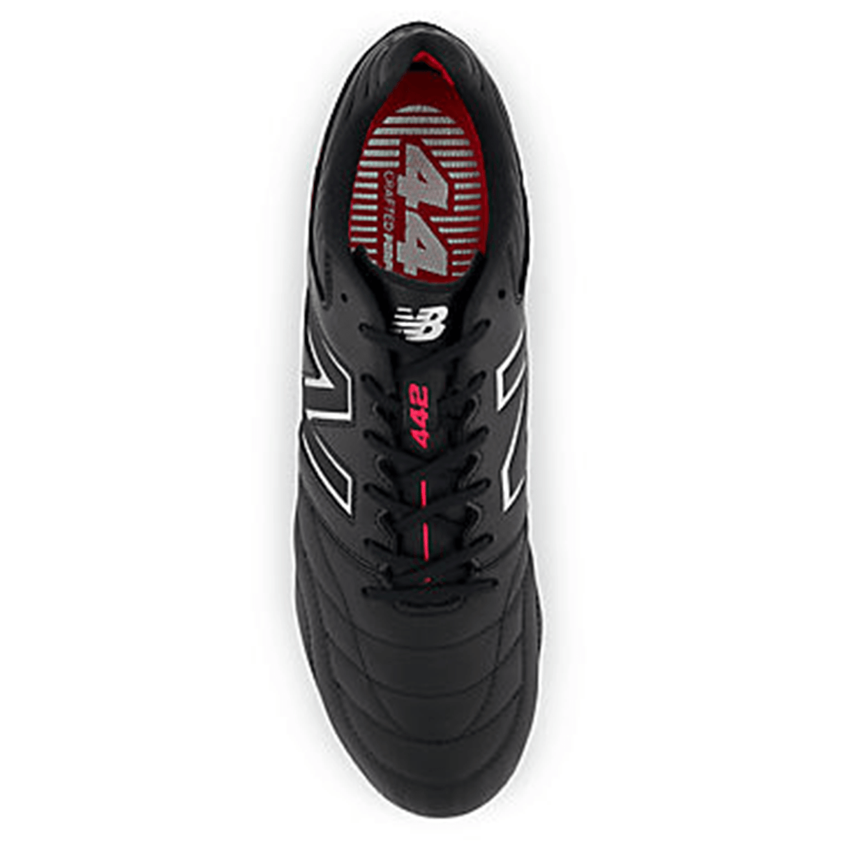 Top view of a black and silver New Balance 442 v2 Pro Synthetic FG soccer cleat with white and red details, including "442" on the tongue and New Balance logo on the side, featuring a synthetic suede lining perfect for firm ground play.