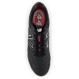 Top view of a black and silver New Balance 442 v2 Pro Synthetic FG soccer cleat with white and red details, including "442" on the tongue and New Balance logo on the side, featuring a synthetic suede lining perfect for firm ground play.