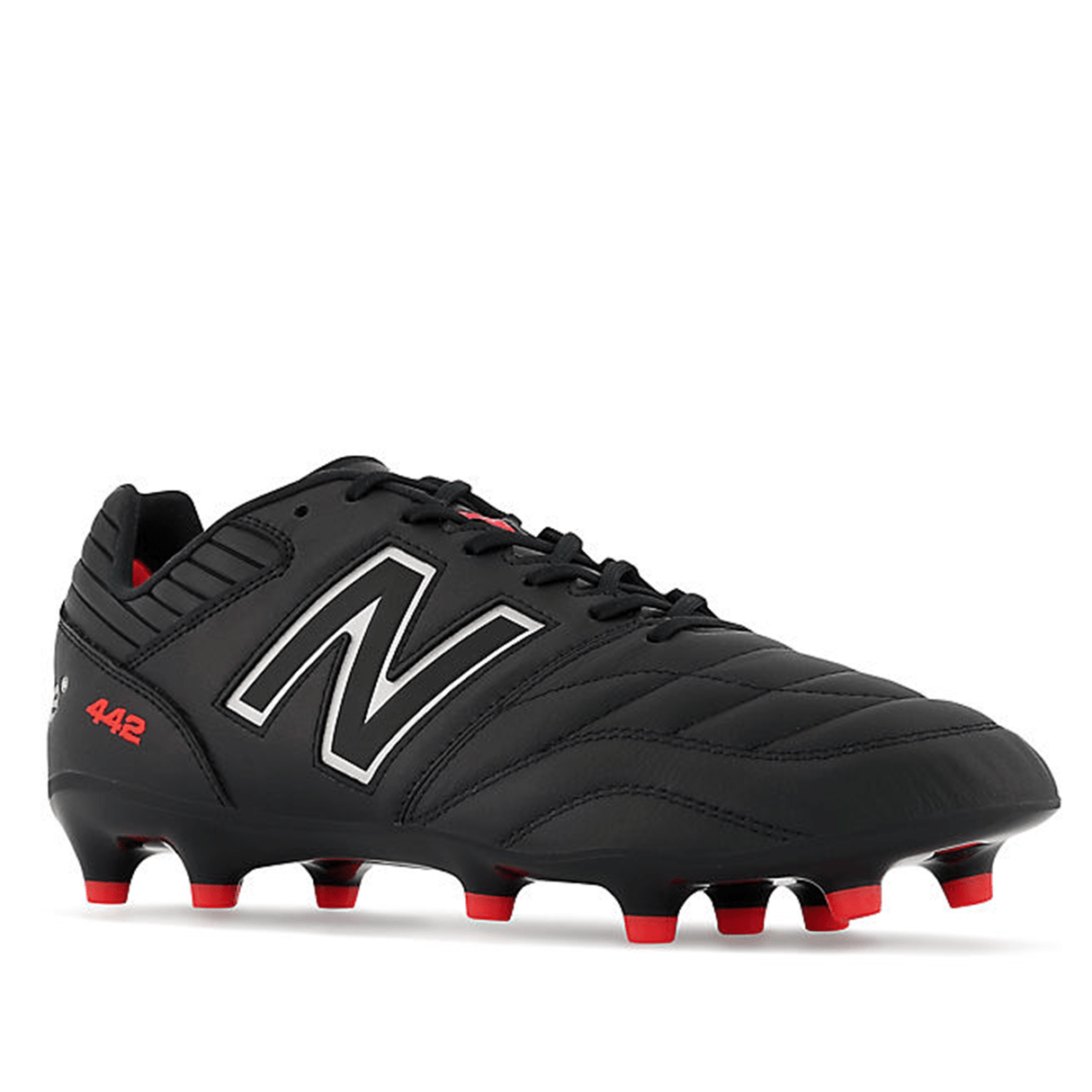 Introducing the New Balance 442 v2 Pro Synthetic FG in Black/Silver, this stylish soccer cleat features a sleek black design with a striking white logo, red studs for enhanced grip, and "442" in eye-catching red on the side. The cleat boasts stitched detailing, a textured finish, and synthetic suede lining for superior comfort, making it perfect for firm ground play.