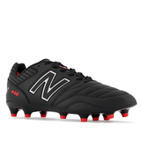 Introducing the New Balance 442 v2 Pro Synthetic FG in Black/Silver, this stylish soccer cleat features a sleek black design with a striking white logo, red studs for enhanced grip, and "442" in eye-catching red on the side. The cleat boasts stitched detailing, a textured finish, and synthetic suede lining for superior comfort, making it perfect for firm ground play.