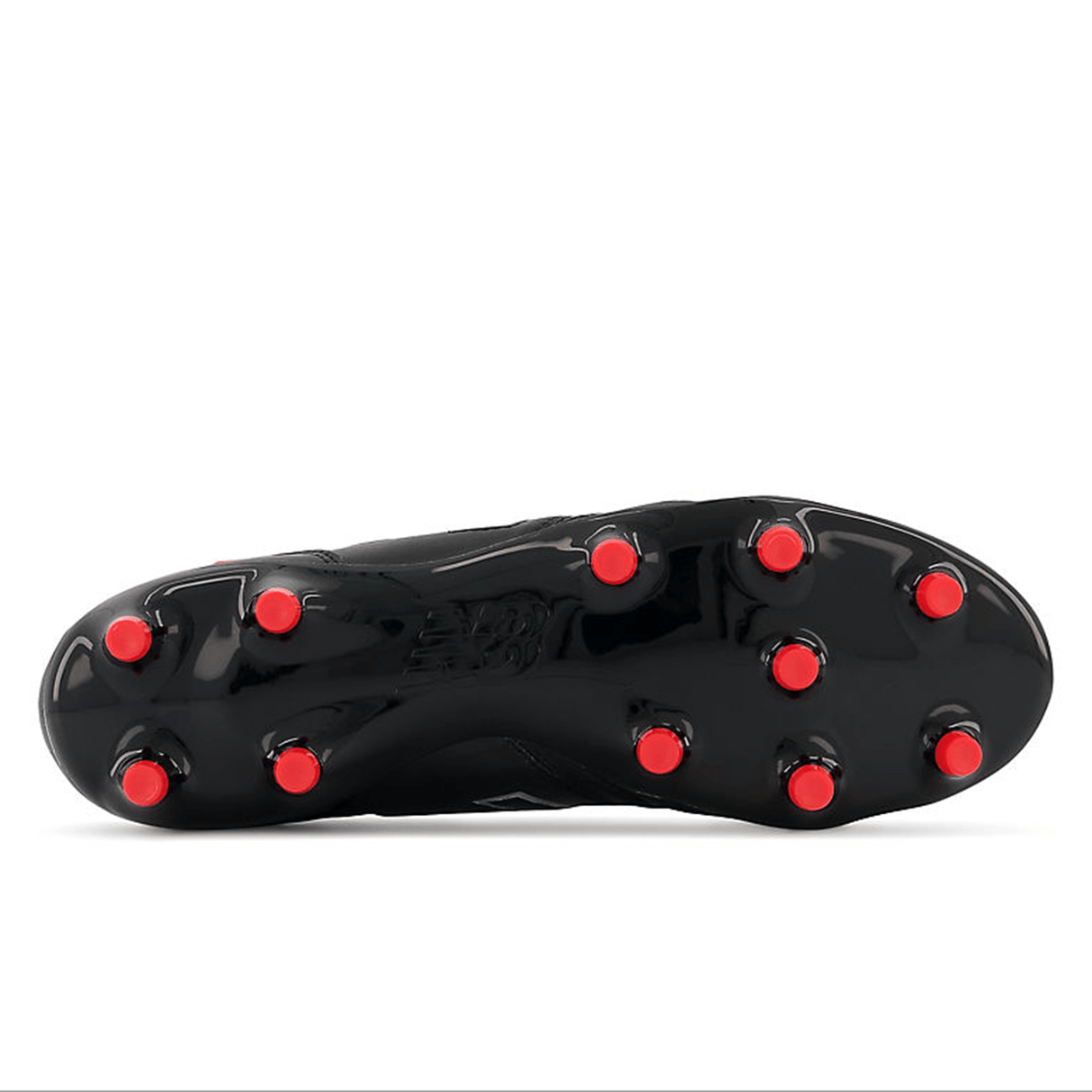 Introducing the New Balance 442 v2 Pro Synthetic FG - Black/Silver: A premium black soccer cleat featuring red studs on the sole for enhanced traction on firm ground surfaces. Designed by New Balance, this cleat includes a synthetic suede lining to ensure optimal comfort and durability.