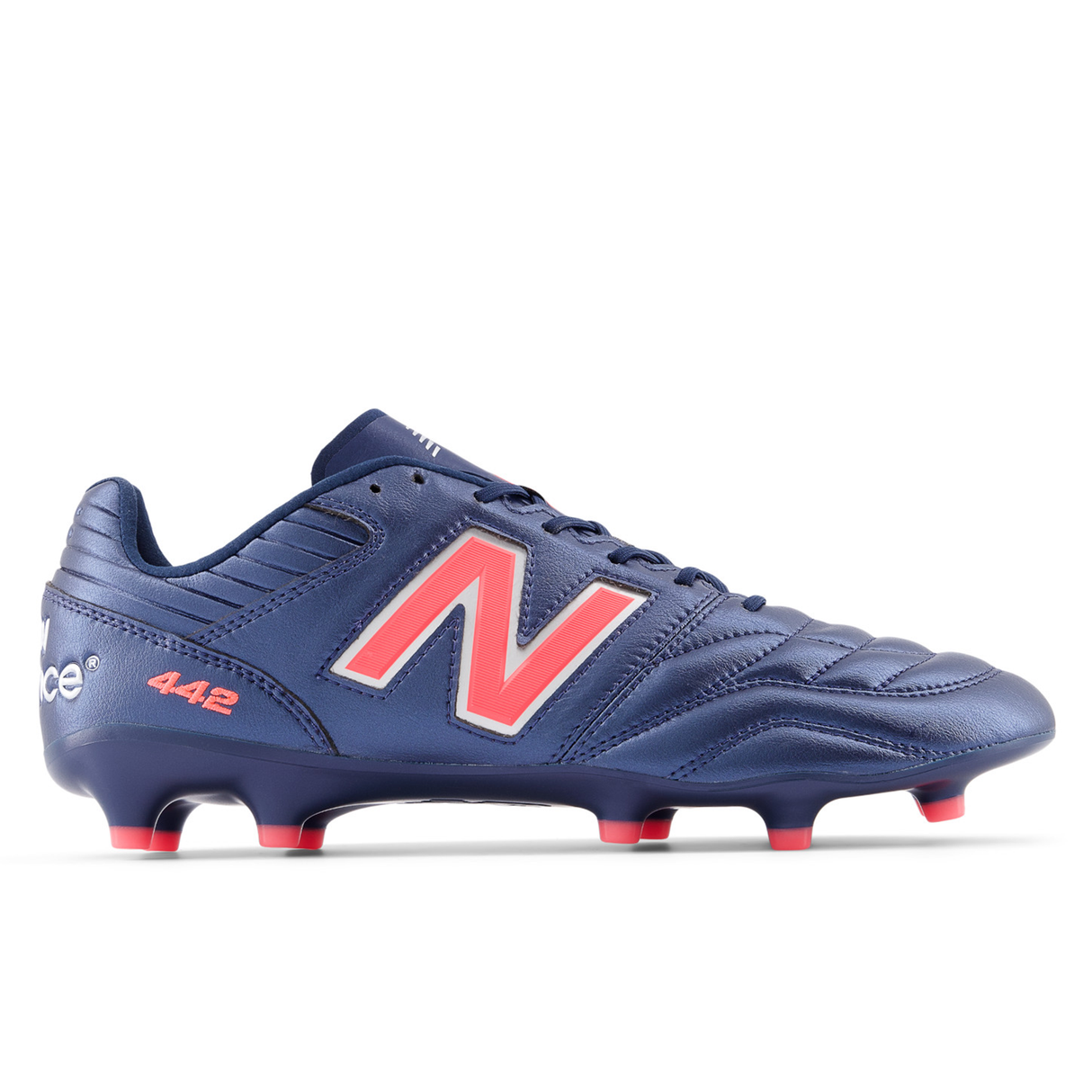 The New Balance 442 v2 Pro FG Wide Boots in Navy/Energy Red feature the iconic "N" logo, "442" text near the heel, and molded studs for firm ground play.