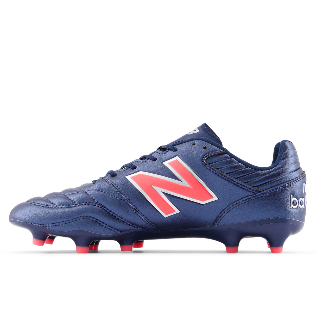 The New Balance 442 v2 Pro FG Wide Boots in Navy/Energy Red display a red and white "N" logo, black laces, and red-tipped studs, shown on a white background.