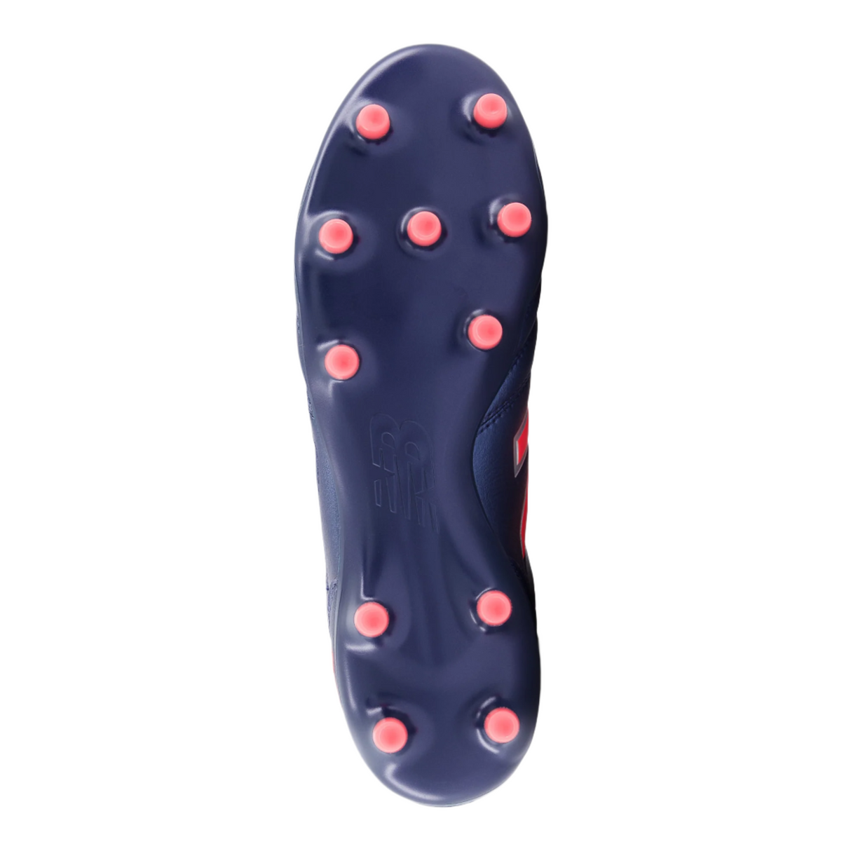 Bottom view of the New Balance 442 v2 Pro FG Wide Boots in Navy/Energy Red, featuring a blue design and ten red studs for traction on firm ground surfaces.