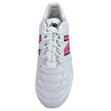 Top view of the New Balance 442 v2 Pro Synthetic FG in white with neon pink details and a hi lite "N" logo on the side, featuring the text "442" on the tongue. Crafted with premium microfiber, this stylish rugby cleat is designed for optimal performance on firm ground studs.