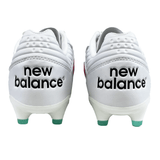 Back view of the New Balance 442 v2 Pro Synthetic FG - White/Hi Lite/Neon Pink sports shoes with firm ground studs and the brand's logo in black text on the heel.