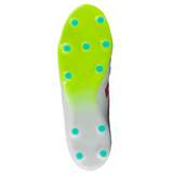 The underside of the New Balance 442 v2 Pro Synthetic FG in White/Hi Lite/Neon Pink features a bright yellow sole and light blue firm ground studs arranged in a symmetric pattern.