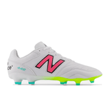 Introducing the New Balance 442 v2 Pro Synthetic FG in White/Hi Lite/Neon Pink, a soccer cleat featuring a white base, a neon pink "N" logo, and vibrant neon green accents on the sole. Designed with premium microfiber and equipped with firm ground studs, this cleat is suitable for both soccer and rugby.