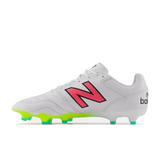 New Balance 442 v2 Pro Synthetic FG - White/Hi Lite/Neon Pink soccer cleat featuring a pink "N" logo, neon green accents on the sole, blue cleats, and a premium microfiber finish.