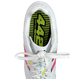 Top view of the New Balance Wide 442 v2 Pro Synthetic FG in White/Hi Lite/Neon Pink, showcasing "442" and "Crafted for Performance" on the insole. This rugby cleat, designed for firm ground play, is laced up with white laces.