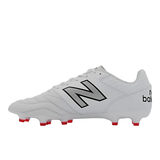 The New Balance 442 V2 Pro FG - White/Silver features a white kangaroo leather upper with silver "N" branding and "new balance" text. Designed for athletic use, the shoe boasts red cleats and is perfect for firm ground play.