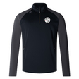 The Mudsock Rugby Elite 1/4 Zip Top by EMB Canterbury combines performance and comfort with its black and gray long sleeves and zip-up collar, featuring an embroidered logo on the chest.