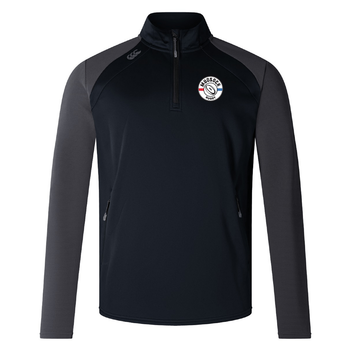The Mudsock Rugby Elite 1/4 Zip Top by EMB Canterbury combines performance and comfort with its black and gray long sleeves and zip-up collar, featuring an embroidered logo on the chest.