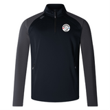 The Mudsock Rugby Elite 1/4 Zip Top by EMB Canterbury combines performance and comfort with its black and gray long sleeves and zip-up collar, featuring an embroidered logo on the chest.