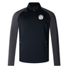 The Mudsock Rugby Elite 1/4 Zip Top by EMB Canterbury combines performance and comfort with its black and gray long sleeves and zip-up collar, featuring an embroidered logo on the chest.