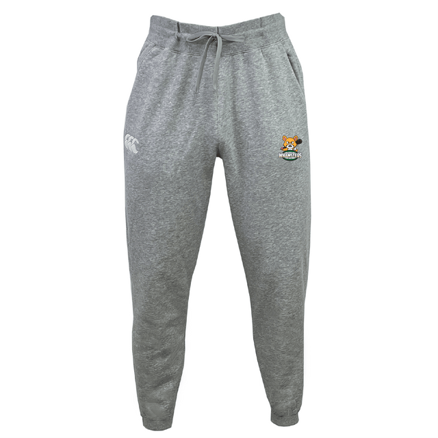The Maryville Whamsters Rugby Leisure Sweatpant by EMB Canterbury are gray athletic sweatpants, made from organic cotton with a drawstring waist and featuring the EMB Canterbury logo on the right leg.