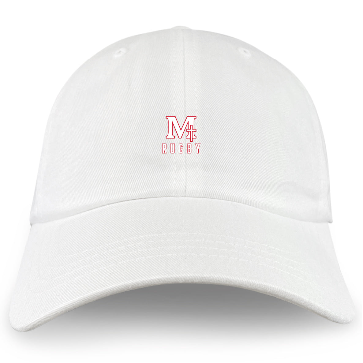 The San Joaquin Memorial Adult Low-Profile Cotton Twill Dad Cap by EMB S&S Activewear is a white dad cap featuring a small red "M" with cross and "RUGBY" embroidered on the front.